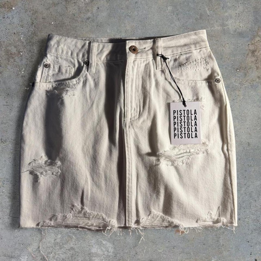 Pistola White Distressed Denim Mini Skirt Size 25 Raw Frayed Hem Ripped NWT